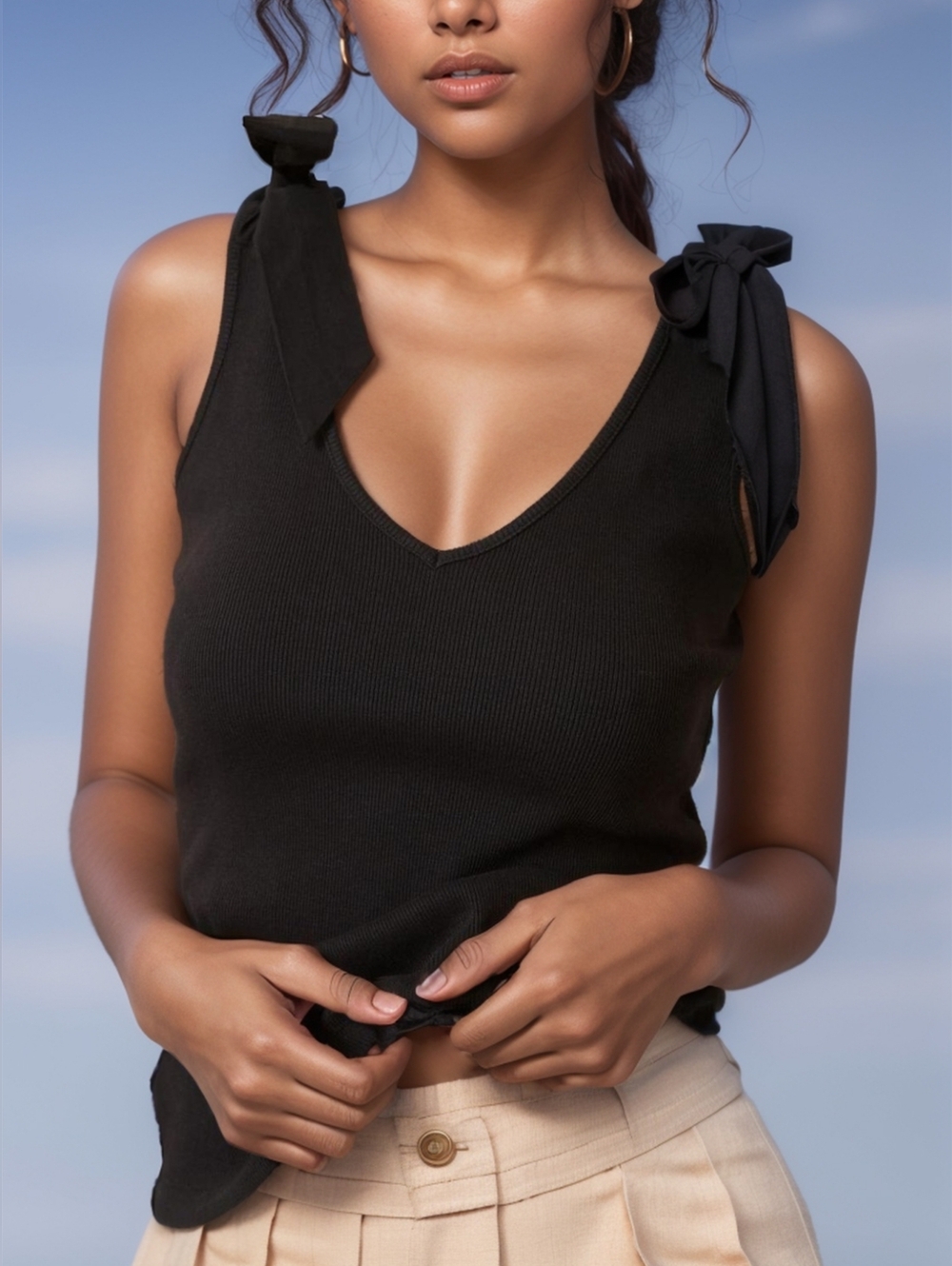 Tie-Shoulder Black Ribbed V-Neck Tank Top